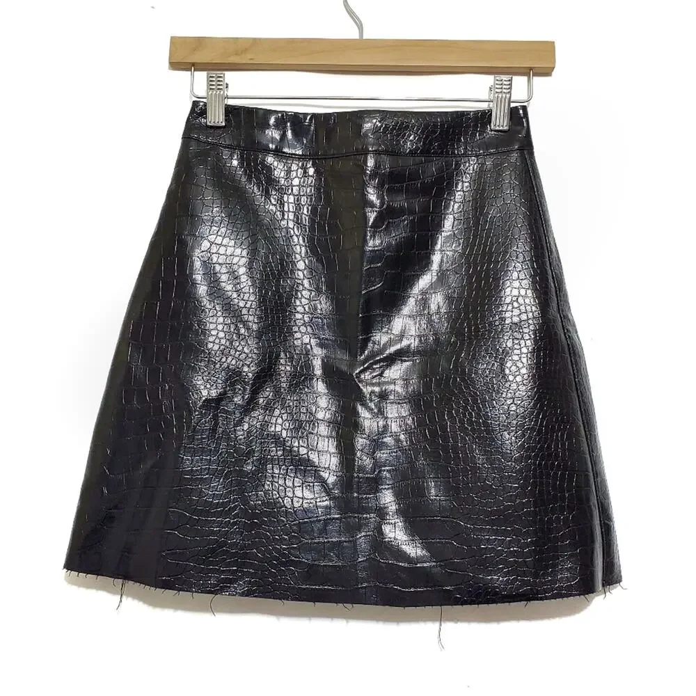 Oak + Fort | Snakeskin Pattern Patent Leather Raw Hem A-Line Miniskirt